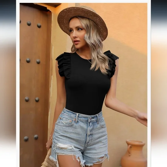 Amazon Missufe Flutter Sleeve Bodysuit Ribbed Black Skims Casual Shapewear - Picture 5 of 16